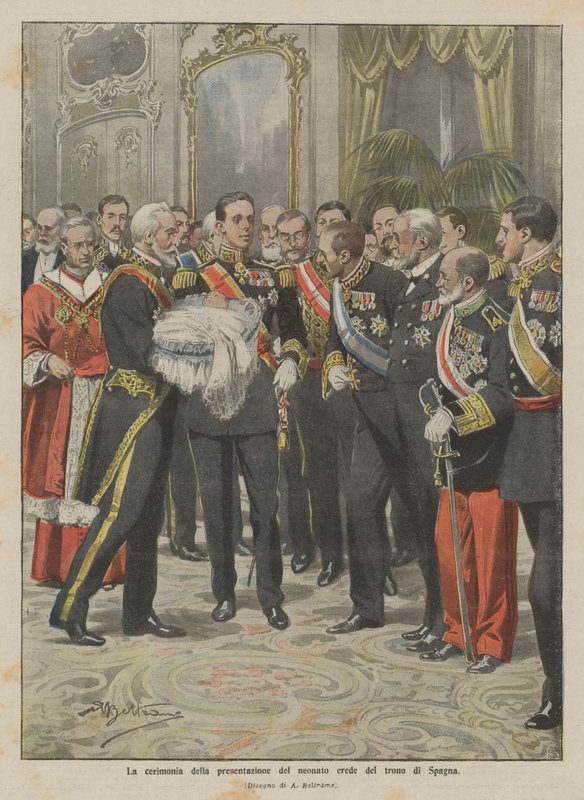Die Zeremonie der Vorstellung des neugeborenen Thronfolgers von Spanien von Achille Beltrame