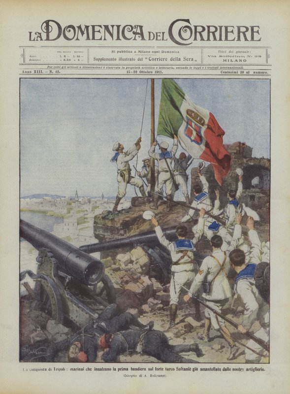 Die Eroberung von Tripolis, Matrosen hissen die erste Flagge auf der türkischen Festung Sultanie von Achille Beltrame