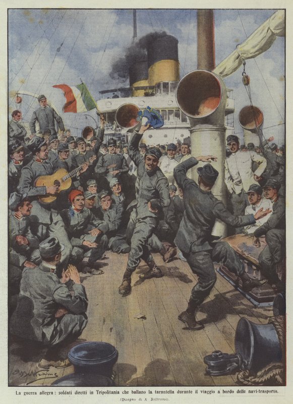 Der fröhliche Krieg, Soldaten auf dem Weg nach Tripolitanien tanzen während der Reise die Tarantella von Achille Beltrame