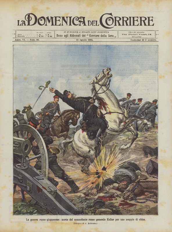 Der russisch-japanische Krieg, Tod des russischen Kommandanten General Keller durch eine Granatexplosion von Achille Beltrame