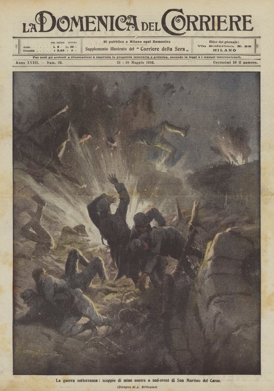 Der unterirdische Krieg, Explosion unserer Minen südwestlich von San Martino del Carso von Achille Beltrame