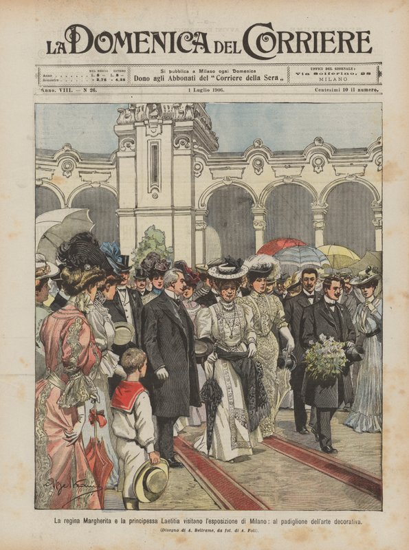 Königin Margherita und Prinzessin Laetitia besuchen die Ausstellung in Mailand, im Pavillon der dekorativen Kunst von Achille Beltrame