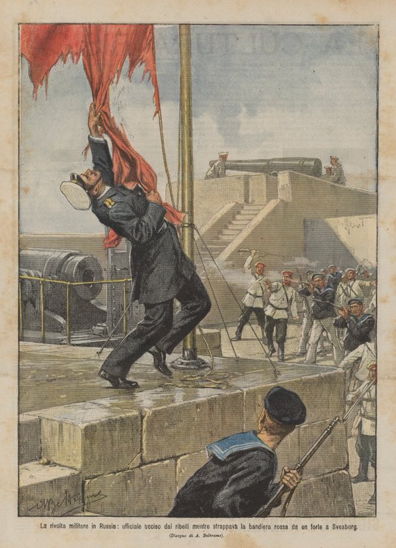 Der Militäraufstand in Russland, ein Offizier wird von den Rebellen getötet, während er die rote Fahne herunterreißt von Achille Beltrame