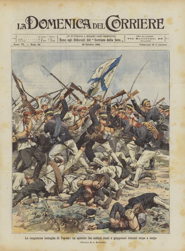 Die blutige Schlacht von Yen-tai, eine Episode zwischen russischen und japanischen Soldaten im Nahkampf von Achille Beltrame