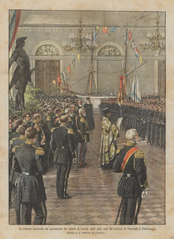 Die feierliche Zeremonie des Eides der Marinekadetten im großen Saal des Peterhof-Palastes in St. Petersburg von Achille Beltrame