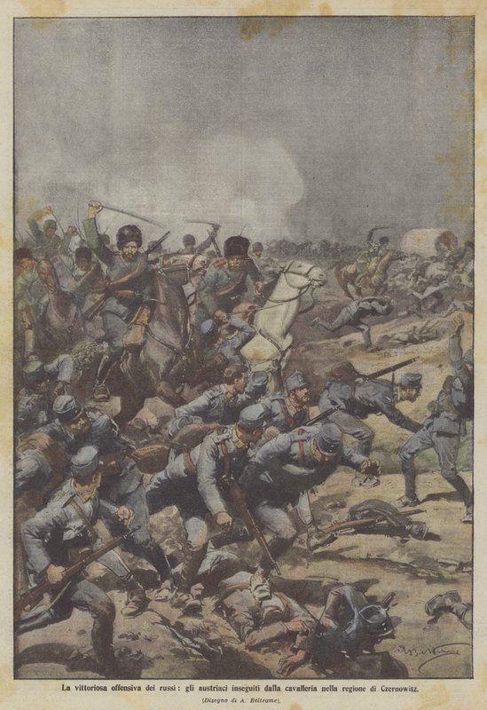 Die siegreiche Offensive der Russen, die Österreicher werden von der Kavallerie in der Region Czernowitz verfolgt von Achille Beltrame
