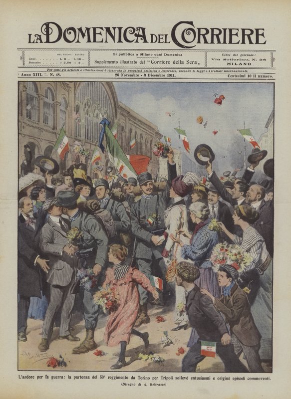 Die Begeisterung für den Krieg, die Abfahrt des 50. Regiments aus Turin nach Tripolis löste Begeisterung aus von Achille Beltrame