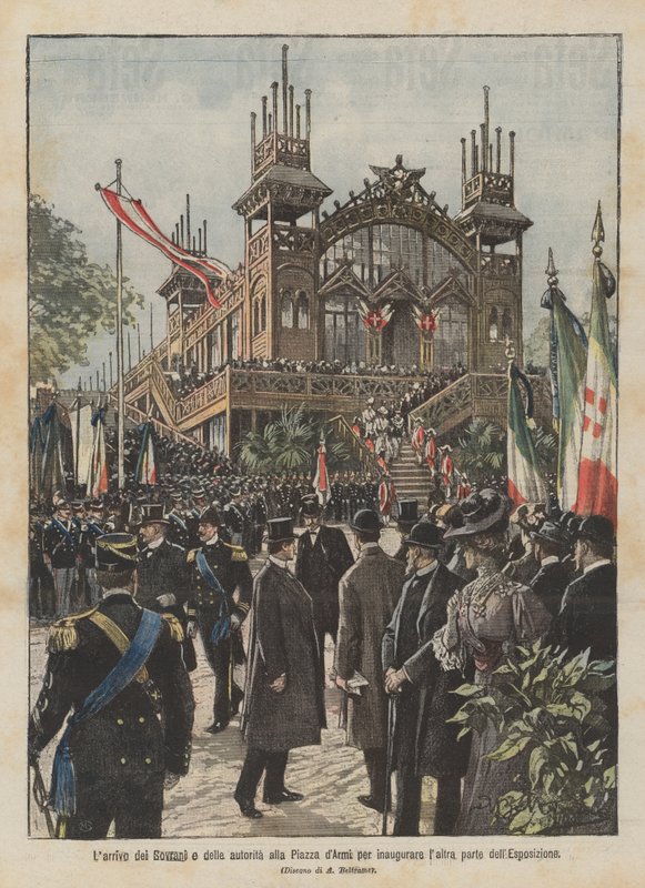 Die Ankunft der Souveräne und Behörden auf dem Exerzierplatz zur Einweihung des anderen Teils der Ausstellung von Achille Beltrame