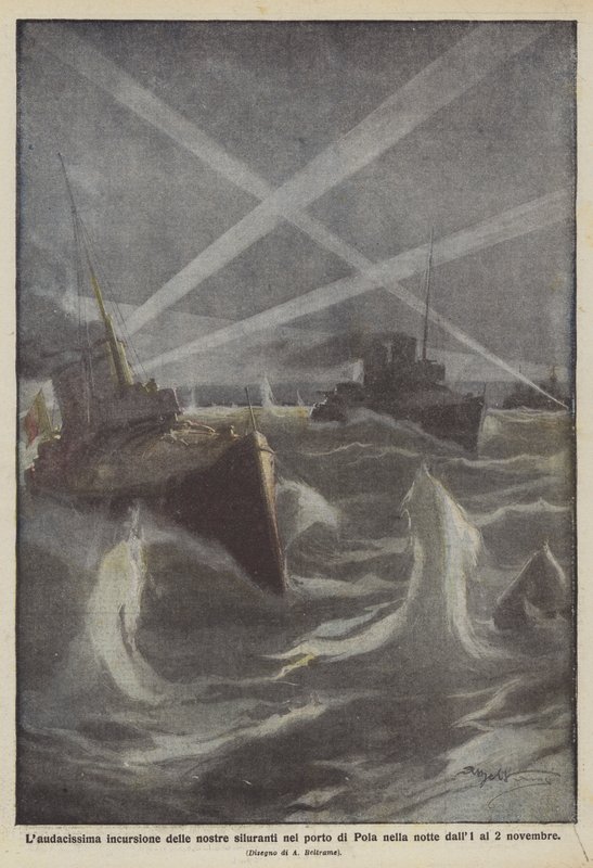 Der äußerst kühne Angriff unserer Torpedoboote im Hafen von Pola in der Nacht vom 1. auf den 2. November von Achille Beltrame