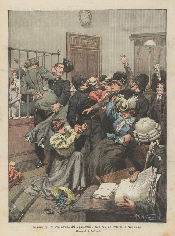 Die Amazonen des Wahlrechts werden von Polizisten aus den Hallen des Westminster-Palastes vertrieben von Achille Beltrame