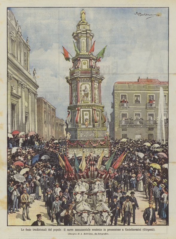 Die traditionellen Volksfeste, der monumentale Wagen in der Prozession in Casteltermini (Girgenti) von Achille Beltrame