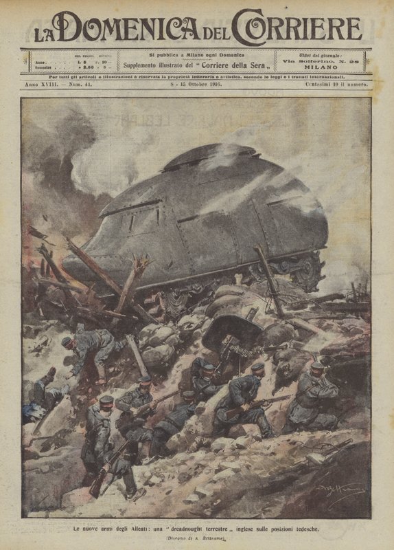 Die neuen Waffen der Alliierten, ein englisches Land-Dreadnought auf deutschen Positionen von Achille Beltrame