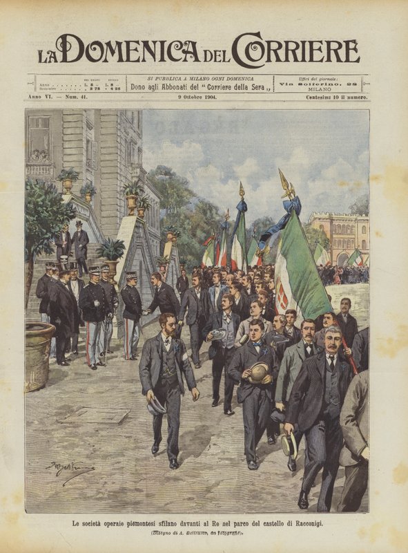 Die piemontesischen Arbeitergesellschaften marschieren vor dem König im Park des Schlosses von Racconigi von Achille Beltrame