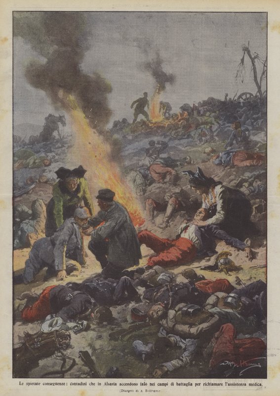 Die erbarmungslosen Folgen, Bauern in Elsass entzünden Feuer auf den Schlachtfeldern von Achille Beltrame