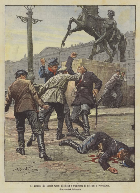 Die Rache des russischen Volkes, heimtückische Ermordung von Polizisten in St. Petersburg von Achille Beltrame