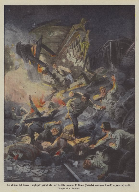 Die Opfer der Pflicht, Postangestellte, die beim schrecklichen Zusammenstoß von Melun (Frankreich) starben von Achille Beltrame
