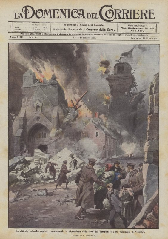 Die deutschen Siege gegen die Denkmäler, die Zerstörung der Tempelrittertürme und der Kathedrale von Nieuport von Achille Beltrame