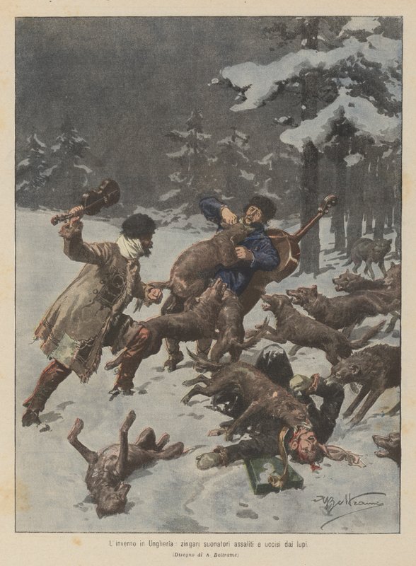 Der Winter in Ungarn, Zigeunermusiker von Wölfen angegriffen und getötet von Achille Beltrame