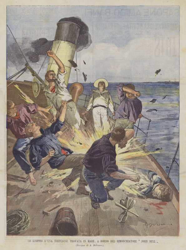 Die Explosion einer im Meer gefundenen Torpedo an Bord des Schleppers John Bull von Achille Beltrame