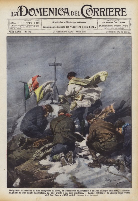 Trotz der Böen eines Schneesturms, ein Priester aus dem Aostatal und sein Schweizer Kollege von Achille Beltrame