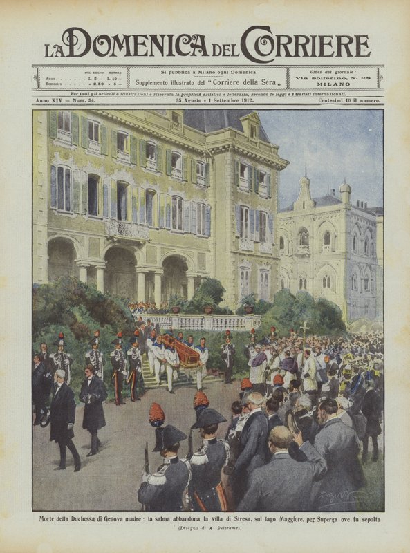 Tod der Herzogin von Genua, die Mutter, der Leichnam verlässt die Villa in Stresa am Lago Maggiore von Achille Beltrame