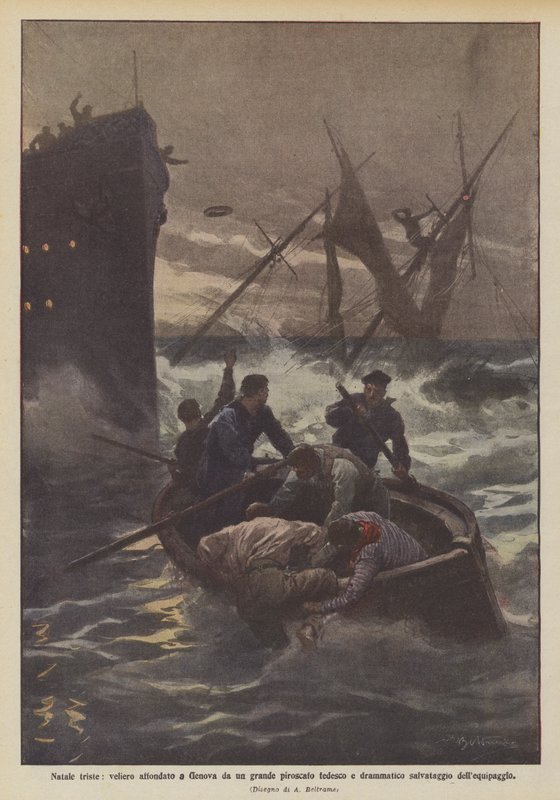 Trauriges Weihnachten, Segelschiff in Genua von einem großen deutschen Dampfer versenkt und dramatische Rettung der Besatzung von Achille Beltrame