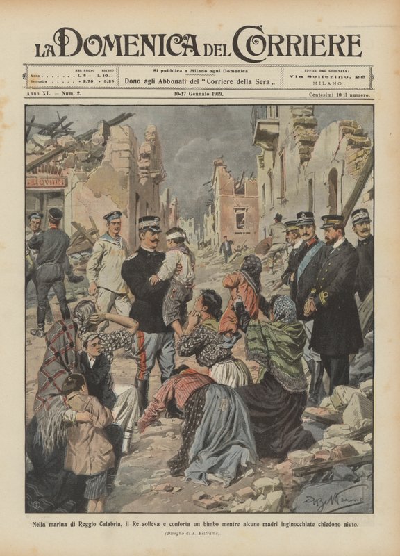 In der Marina von Reggio Calabria hebt und tröstet der König ein Kind, während einige Mütter kniend um Hilfe bitten von Achille Beltrame