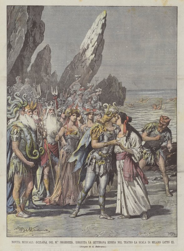 Musikalische Neuheiten, Oceana von Maestro Smareglia, letzte Woche im Teatro La Scala in Mailand aufgeführt (Akt II) von Achille Beltrame