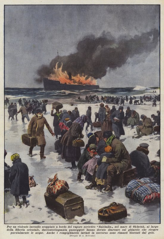 Durch einen heftigen Brand an Bord des sowjetischen Dampfers Sakhalin im Ochotskischen Meer von Achille Beltrame