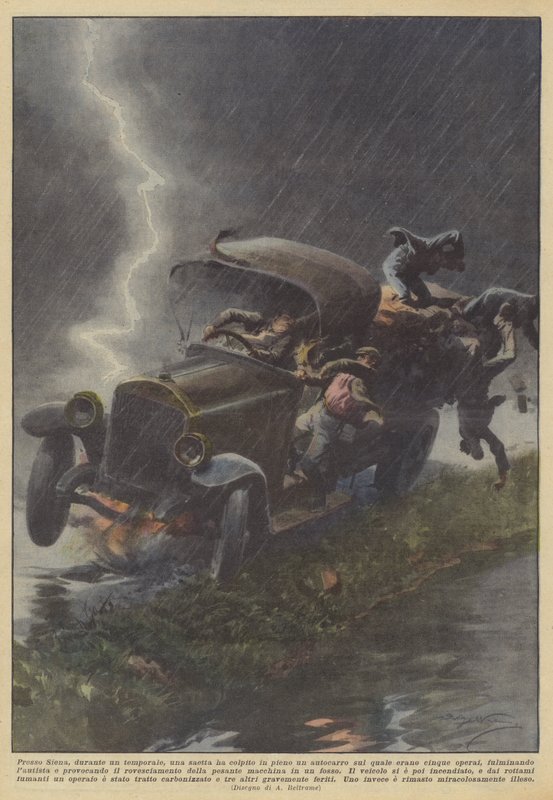 Bei Siena wurde während eines Gewitters ein Lastwagen von einem Blitz getroffen, auf dem... von Achille Beltrame