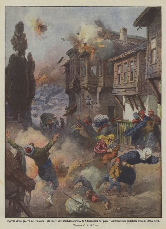 Wiederaufnahme des Krieges auf dem Balkan, die Auswirkungen des Bombardements von Adrianopel auf die Armen von Achille Beltrame