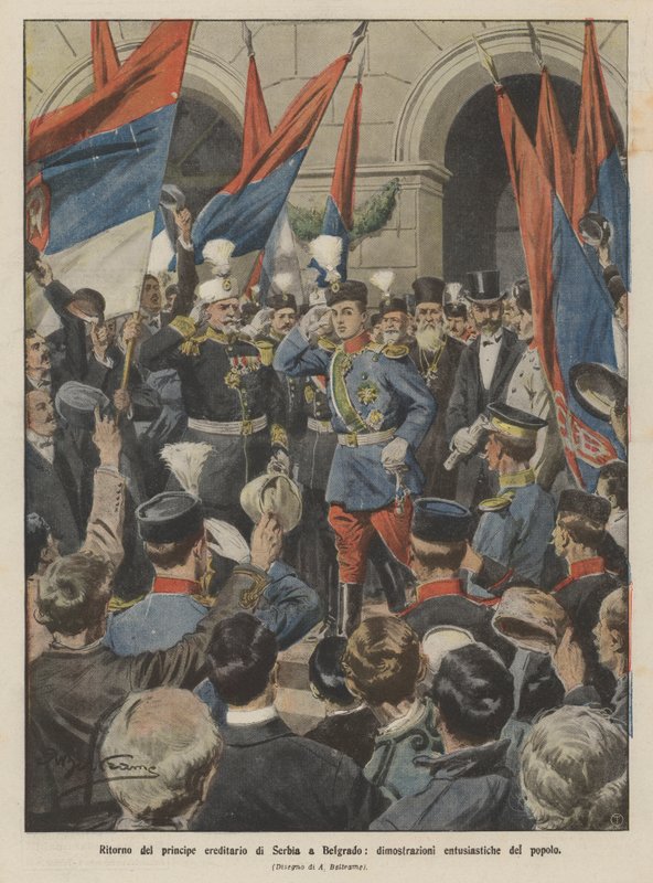 Rückkehr des Kronprinzen von Serbien nach Belgrad, begeisterte Demonstrationen des Volkes von Achille Beltrame