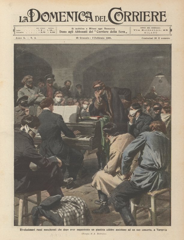 Maskierte russische Revolutionäre, die nach der Entführung eines berühmten Pianisten einem seiner Konzerte beiwohnen von Achille Beltrame