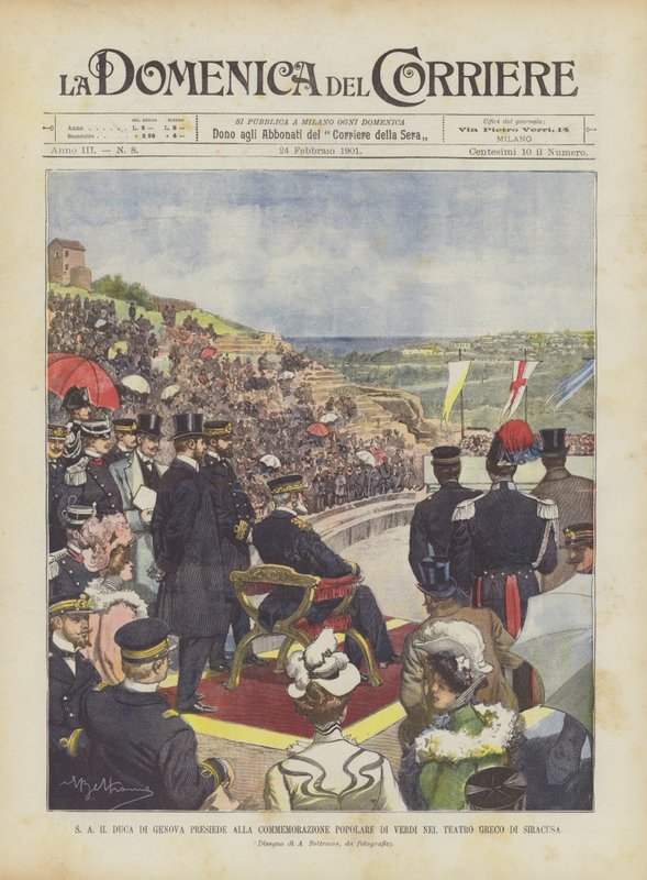 Der Herzog von Genua leitet die Volksgedenkfeier für Verdi im griechischen Theater von Syrakus von Achille Beltrame