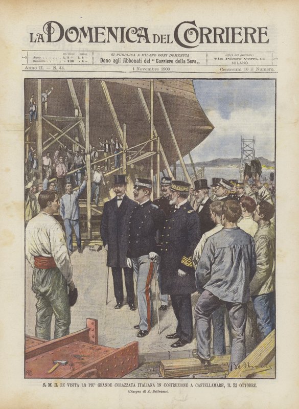 Seine Majestät der König besucht das größte im Bau befindliche italienische Schlachtschiff in Castellamare, am 23. Oktober von Achille Beltrame