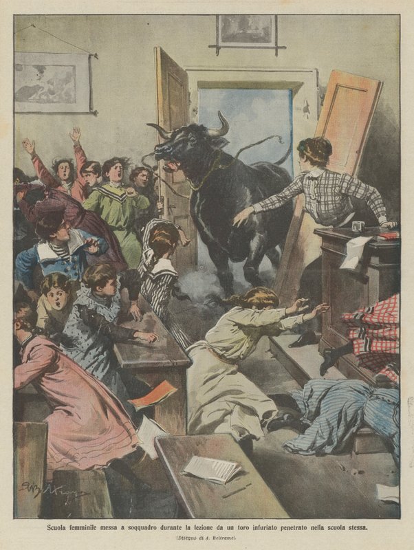 Mädchenschule während des Unterrichts von einem wütenden Stier verwüstet, der in die Schule eingedrungen ist von Achille Beltrame