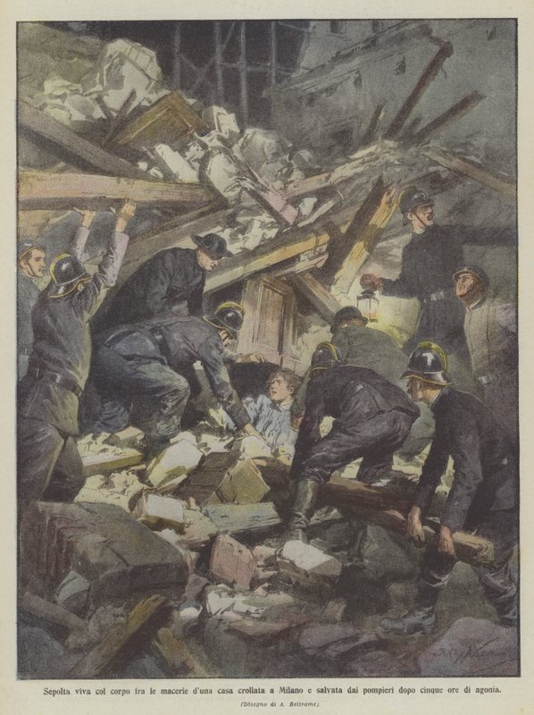 Lebendig begraben unter den Trümmern eines eingestürzten Hauses in Mailand und nach fünf Stunden Qual von Feuerwehrleuten gerettet von Achille Beltrame