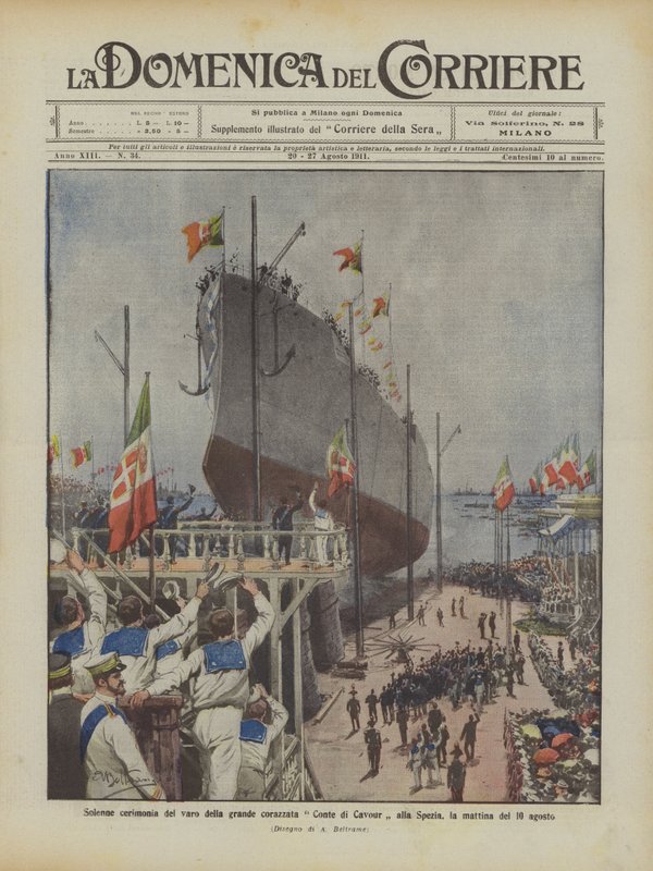 Feierliche Zeremonie des Stapellaufs des großen Schlachtschiffs Conte di Cavour in La Spezia am Morgen des 10. August von Achille Beltrame