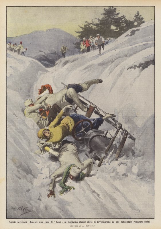 Wintersport, während eines Bobrennens in Engadin kippen einige Schlitten um von Achille Beltrame