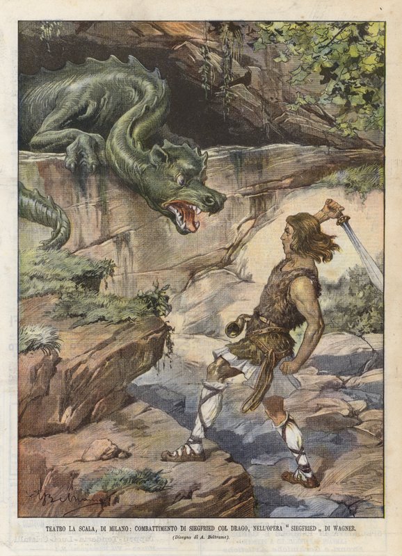 Teatro La Scala, Mailand, Kampf von Siegfried mit dem Drachen in der Oper Siegfried von Wagner von Achille Beltrame