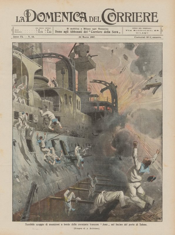 Schreckliche Explosion von Munition an Bord des französischen Schlachtschiffs Jena im Hafenbecken von Toulon von Achille Beltrame