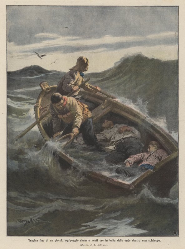 Tragisches Ende einer kleinen Besatzung, die zwanzig Stunden in einem Rettungsboot den Wellen ausgeliefert war von Achille Beltrame