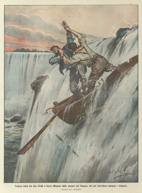 Tragischer Kampf zwischen zwei Rivalen in der Nähe der Niagarafälle, die dann das Boot und die Streitenden mitrissen von Achille Beltrame