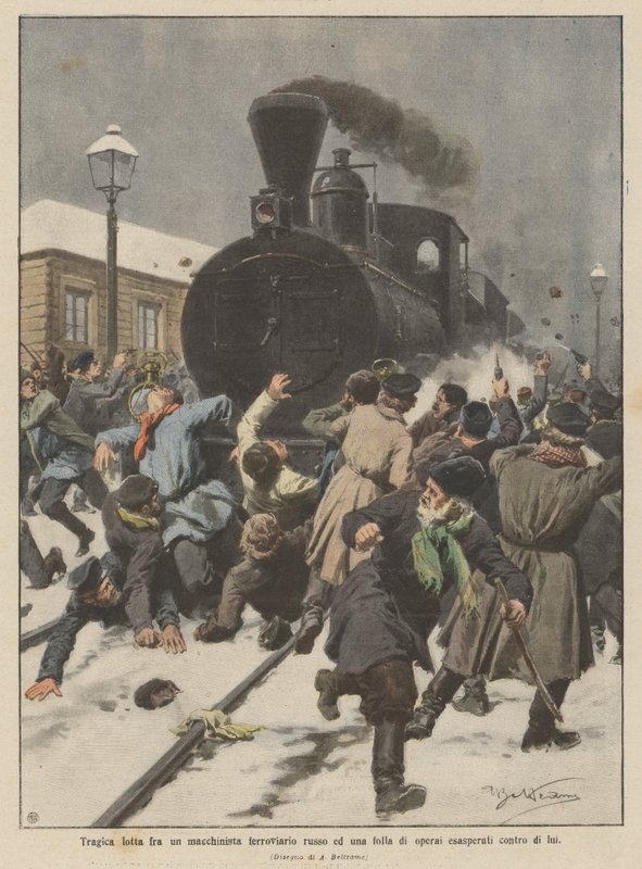 Tragischer Kampf zwischen einem russischen Lokomotivführer und einer Menge wütender Arbeiter von Achille Beltrame