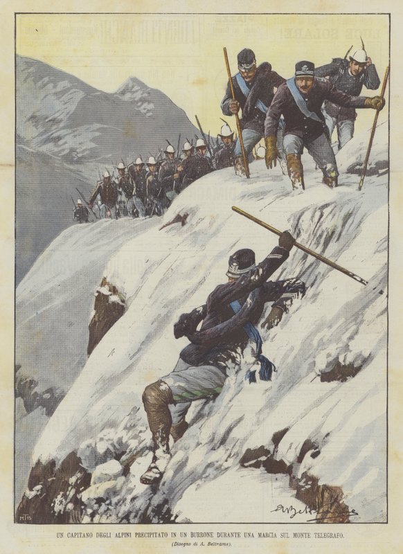 Ein Hauptmann der Alpini stürzt während eines Marsches auf dem Monte Telegrafo in eine Schlucht von Achille Beltrame