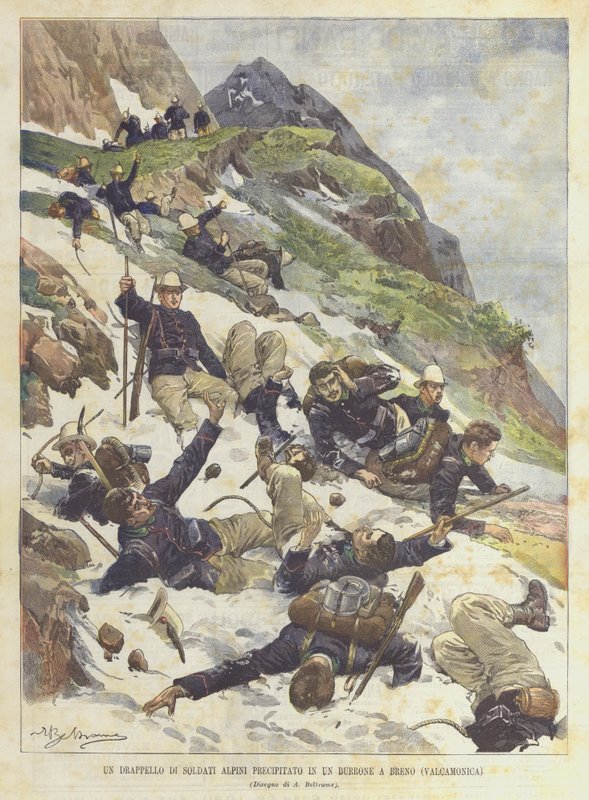 Eine Gruppe von Alpinsoldaten stürzt in eine Schlucht in Breno (Valcamonica) von Achille Beltrame