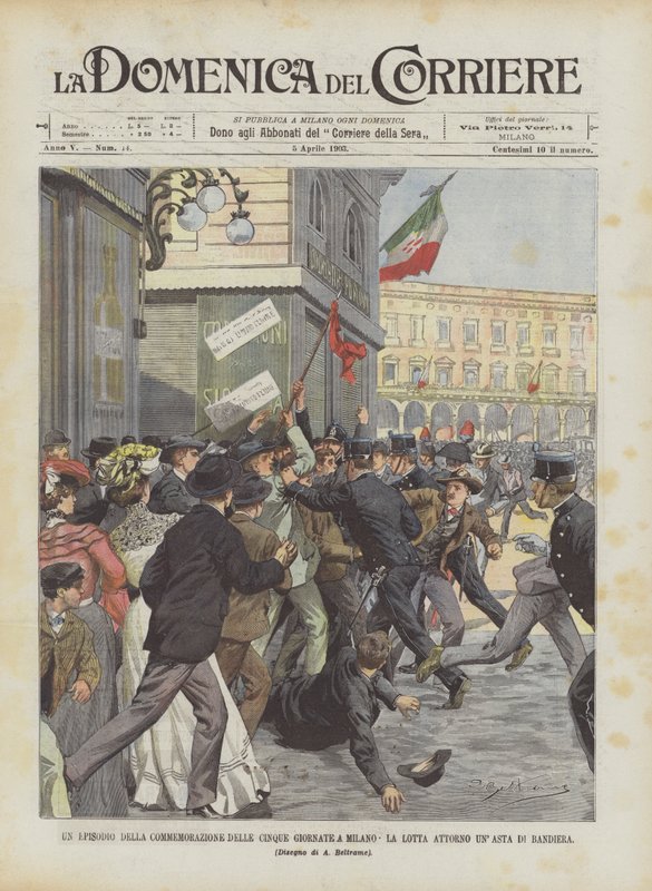 Eine Episode der Gedenkfeier der Fünf Tage in Mailand, der Kampf um eine Fahnenstange von Achille Beltrame
