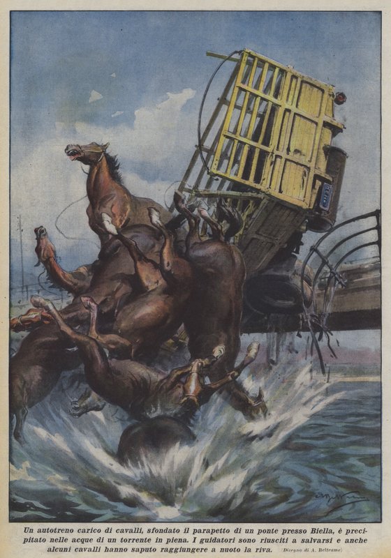 Ein Lastwagen voller Pferde durchbrach die Brüstung einer Brücke bei Biella und stürzte ab von Achille Beltrame