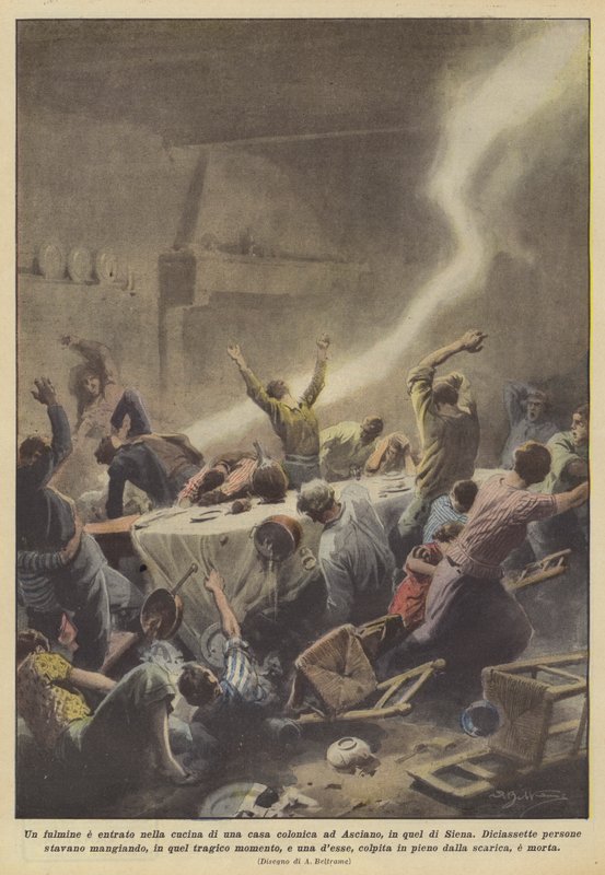 Ein Blitz schlug in die Küche eines Bauernhauses in Asciano, in der Nähe von Siena, ein von Achille Beltrame