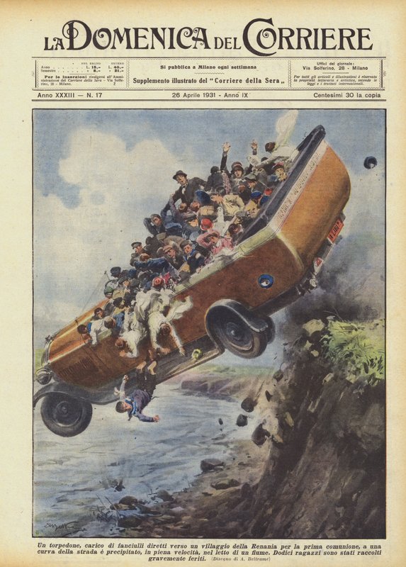 Ein Bus, beladen mit Kindern auf dem Weg zu einem Dorf in der Rheinprovinz zur Erstkommunion von Achille Beltrame